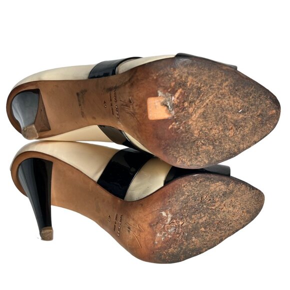 Giuseppe Zanotti high heel sandals patent leather black cream white peep toe - Picture 8 of 16